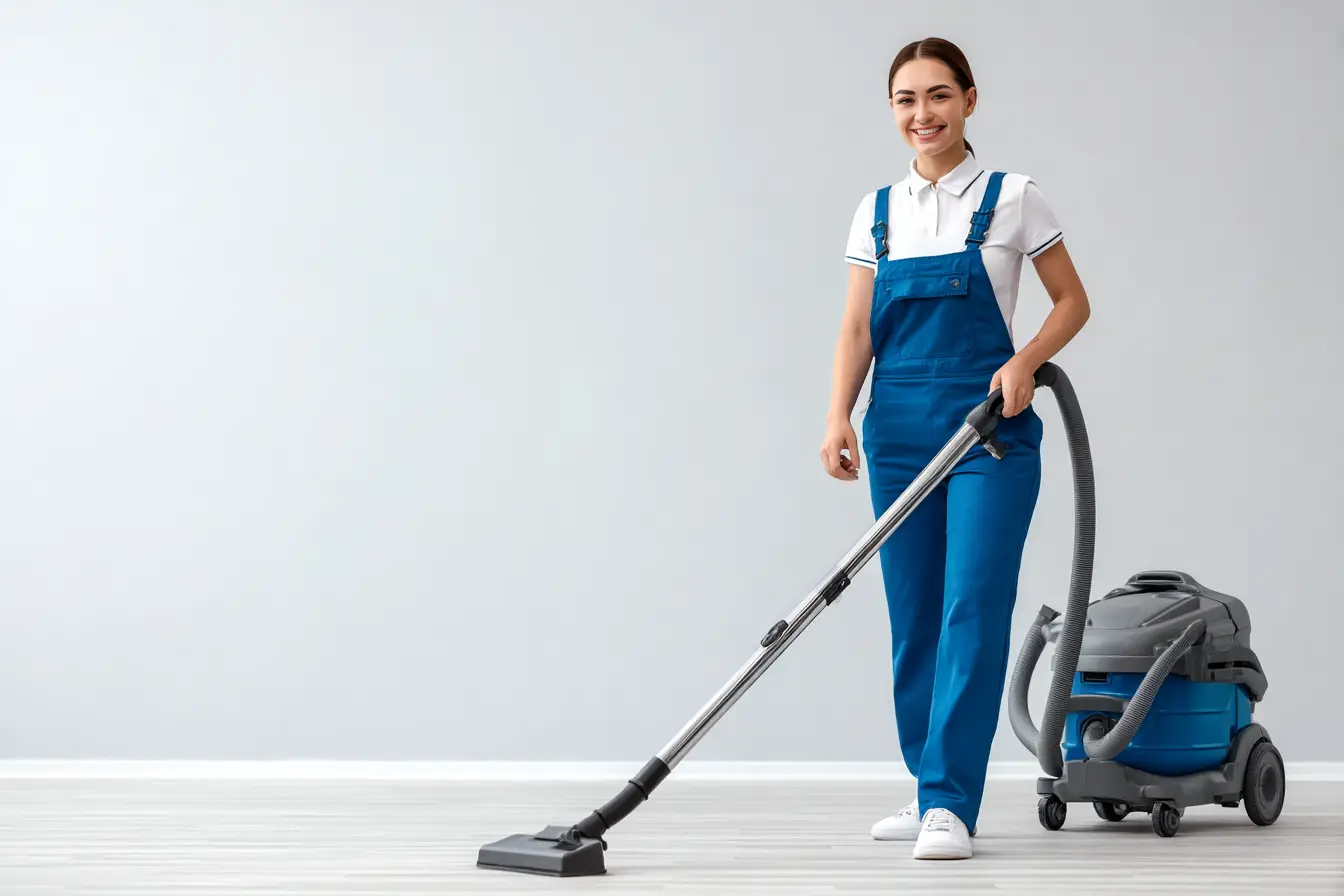 Friendly professional cleaner in blue overalls with a vacuum